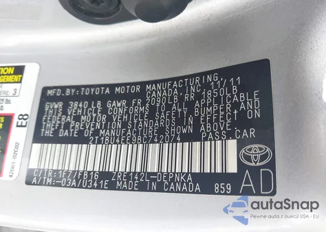 2011 Toyota Corolla S/Le z USA, uszkodzony, nr VIN 2T1BU4EE9BC742074